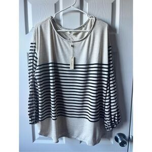 Max Studio Blouse 2XL Women's Cream Striped NEW Long Sleeve Stretch